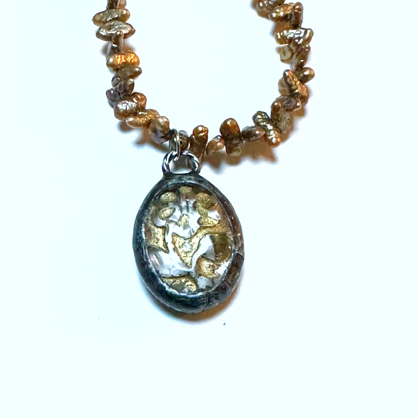 Boho Chic Gold Pearl Beaded Necklace with Artisan Crystal Pendant