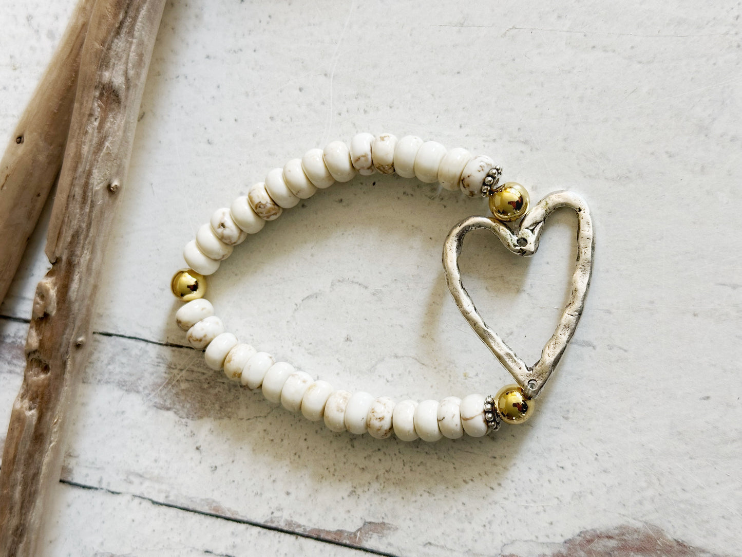 Beachy White Howlite Turquoise with Large Silver Artisan Heart and Gold Beads Boho Chic