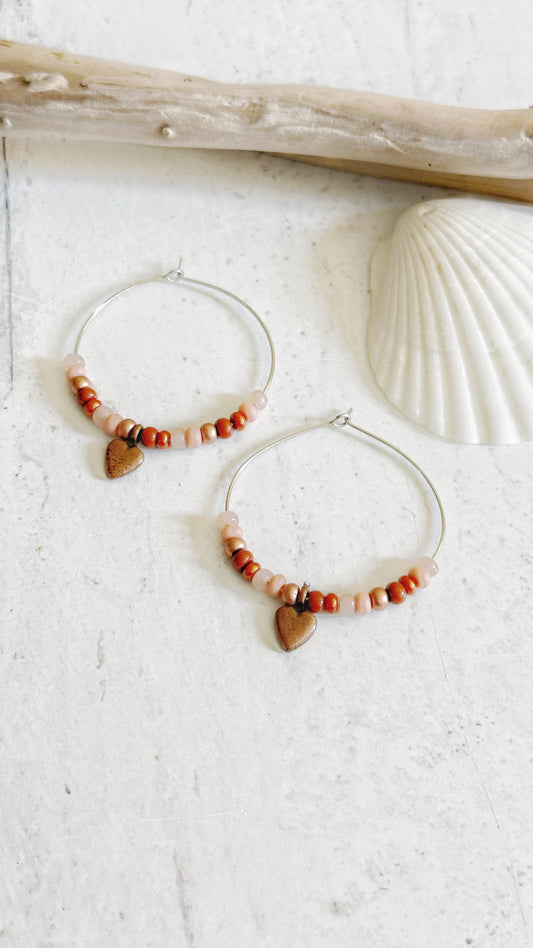 Beaded Pink Copper and Silver Hoop Earrings Boho Chic