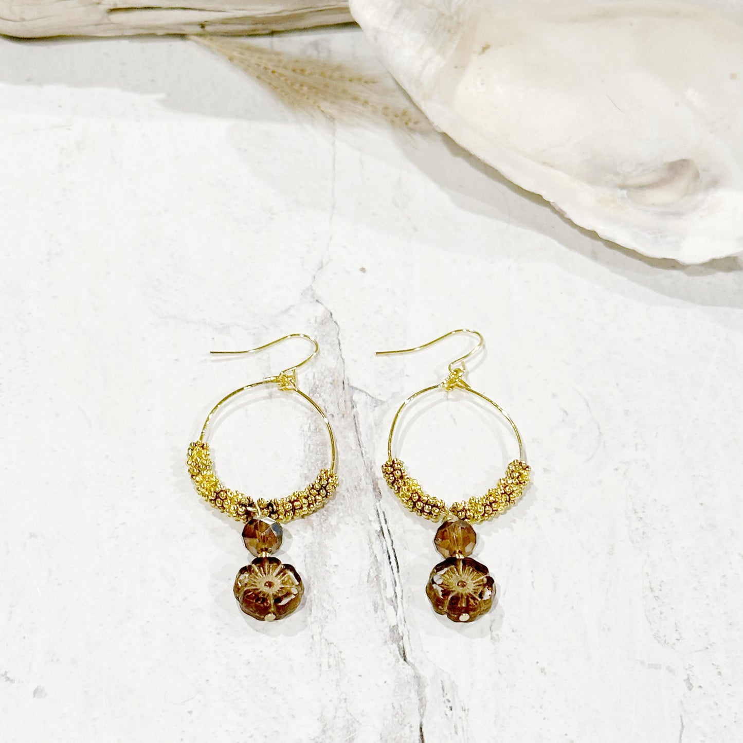 Gold Whimsical Teardrop Hoops Brown Crystal and Czech Glass Flowerk