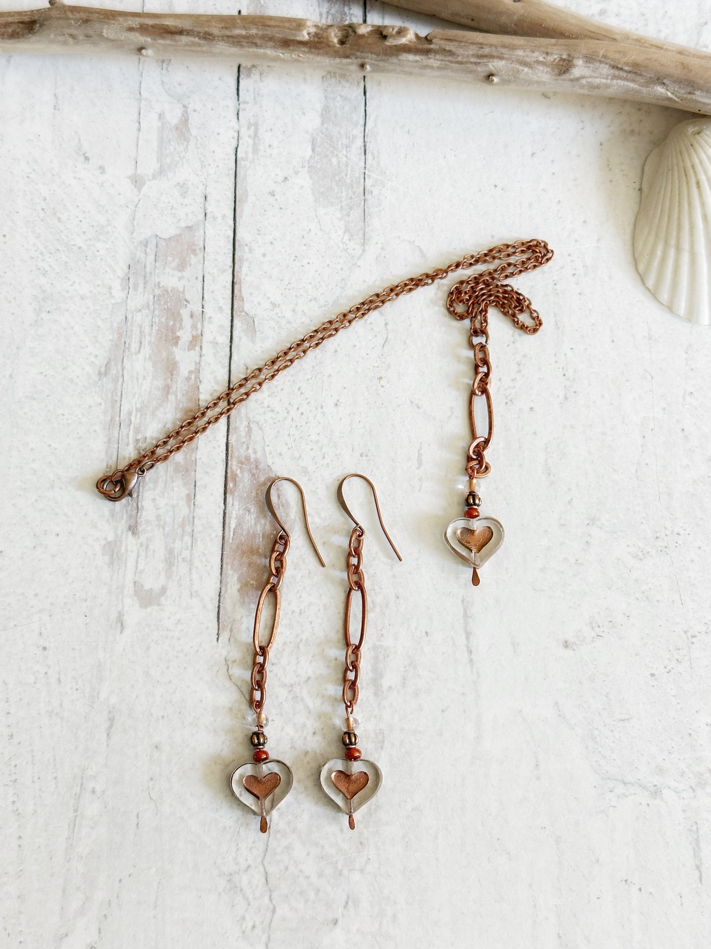 Czech Glass Heart and Copper Chain Earrings and Necklace