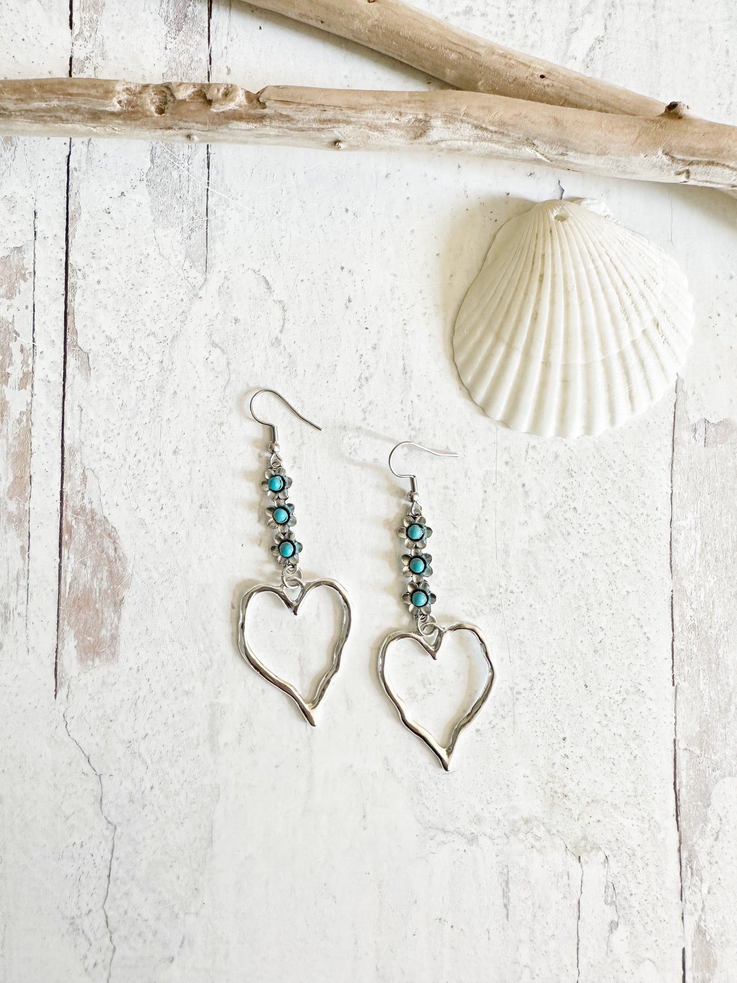 Boho Earrings Silver Hearts and Turquoise