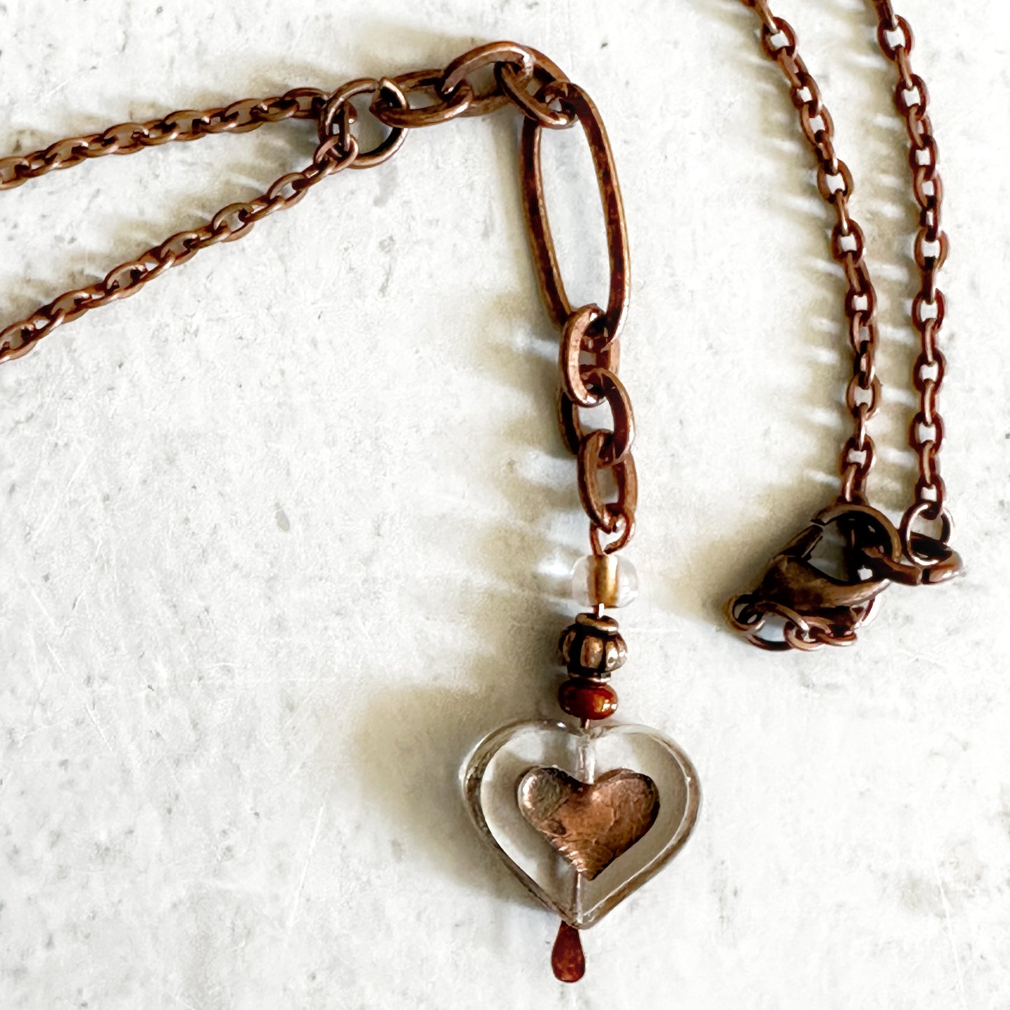 Czech Glass Heart and Copper Chain Earrings and Necklace