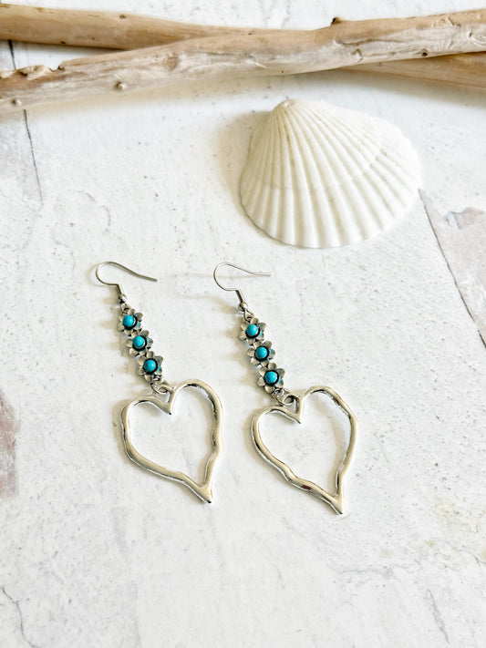 Boho Earrings Silver Hearts and Turquoise