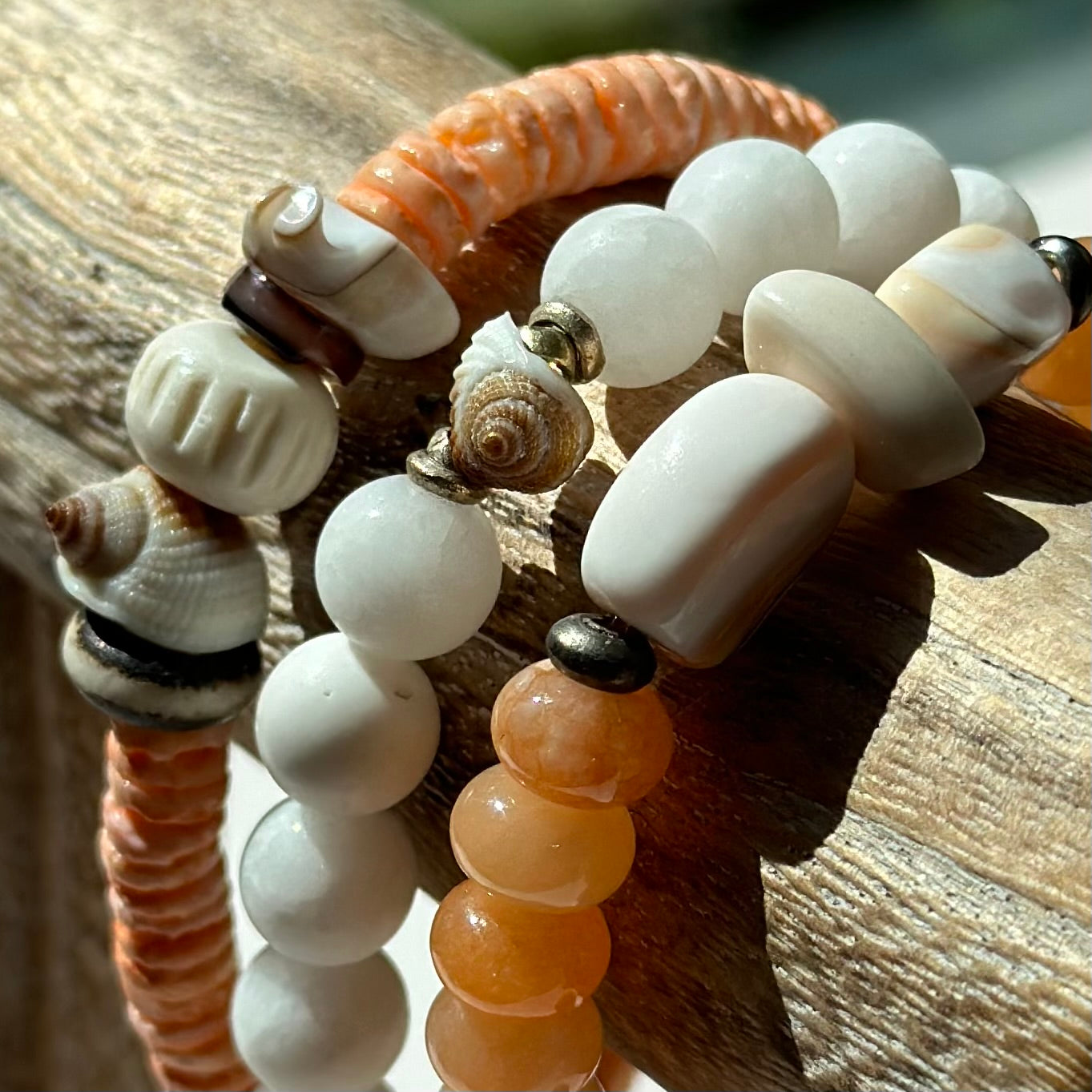 Boho Beach Beaded Bracelets Shells White Orange Coral