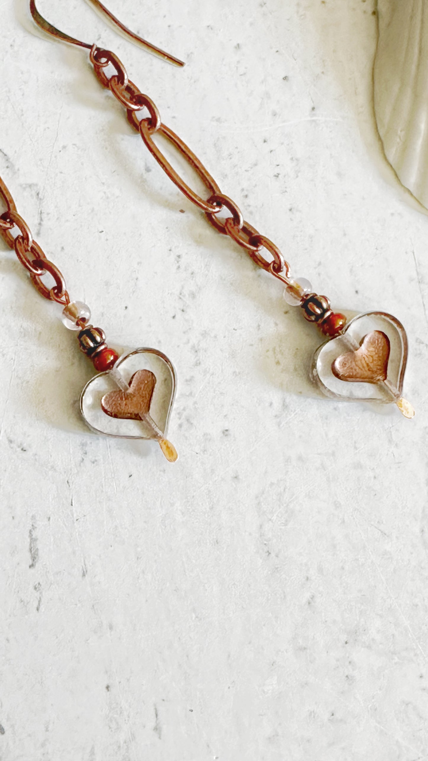 Czech Glass Heart and Copper Chain Earrings and Necklace