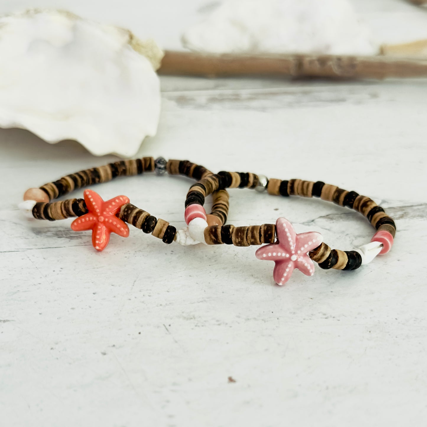 Beach Boho Beaded Bracelet Shells Pink Orange Brown