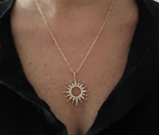 Gold Filled Boho Chic Chain with Statement Micro Pave Sunburst Pendant