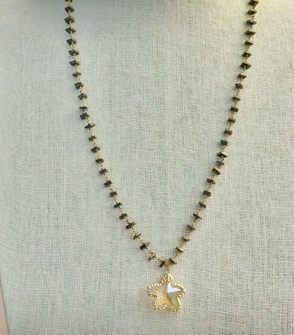 Boho Chic Pyrite and Gold Necklace with Gold Crystal Star Pendant Gift Holidays Everyday