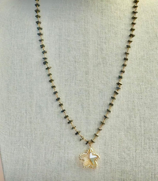 Boho Chic Pyrite and Gold Necklace with Gold Crystal Star Pendant Gift Holidays Everyday