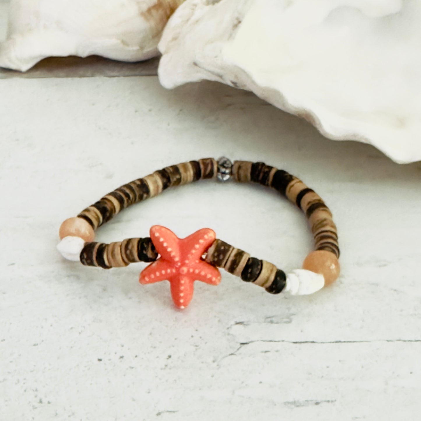 Beach Boho Beaded Bracelet Shells Pink Orange Brown