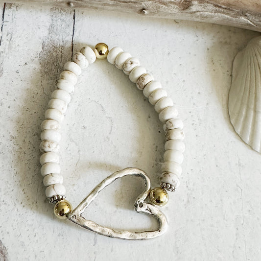 Beachy White Howlite Turquoise with Large Silver Artisan Heart and Gold Beads Boho Chic