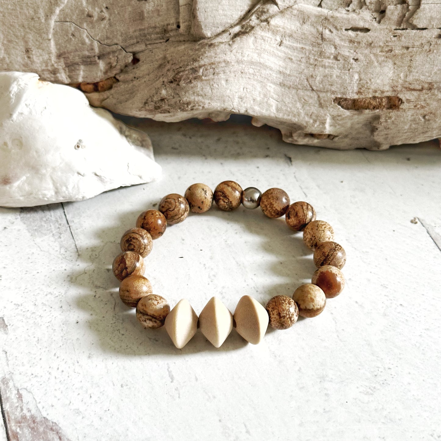 Beaded Boho Bracelet Natural Materials Gemstone Wood Unisex