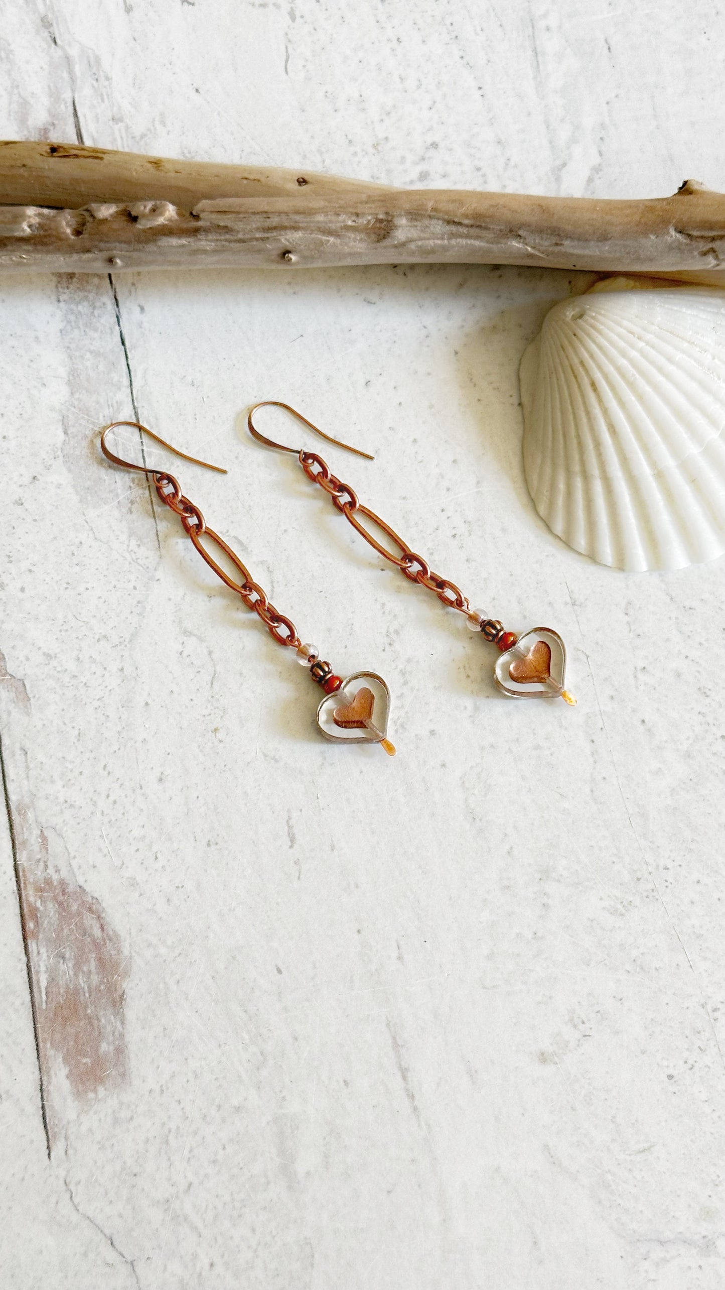 Czech Glass Heart and Copper Chain Earrings and Necklace