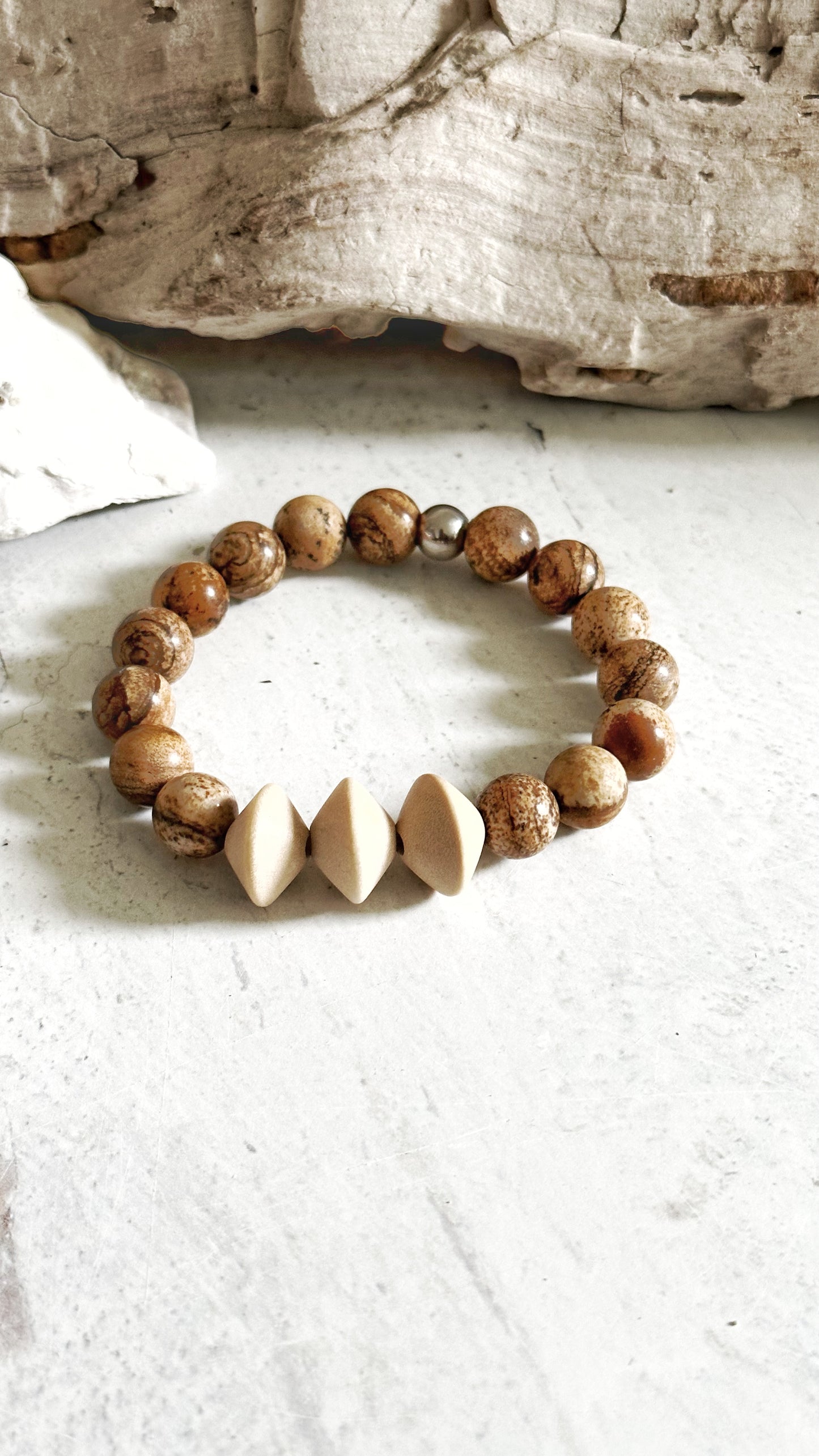 Beaded Boho Bracelet Natural Materials Gemstone Wood Unisex