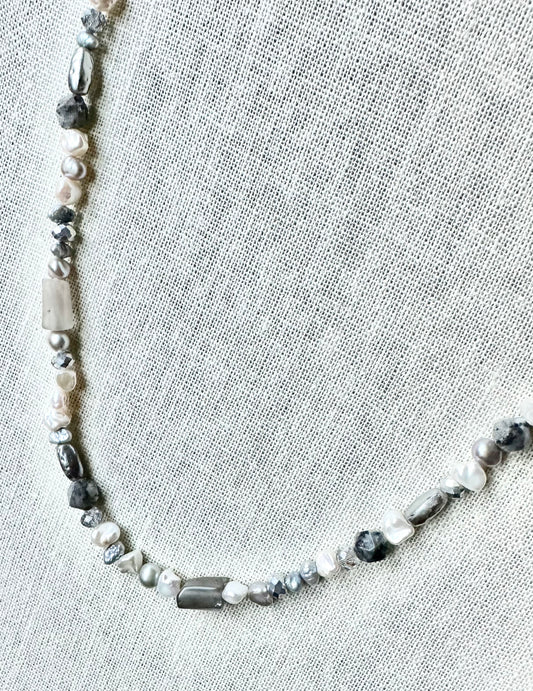 Boho Chic Silver Gray and White Pearl Necklace with Gemstones and Crystals