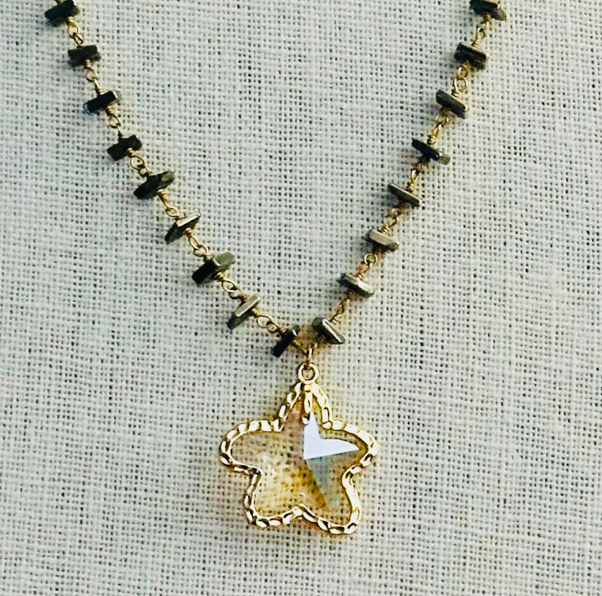 Boho Chic Pyrite and Gold Necklace with Gold Crystal Star Pendant Gift Holidays Everyday