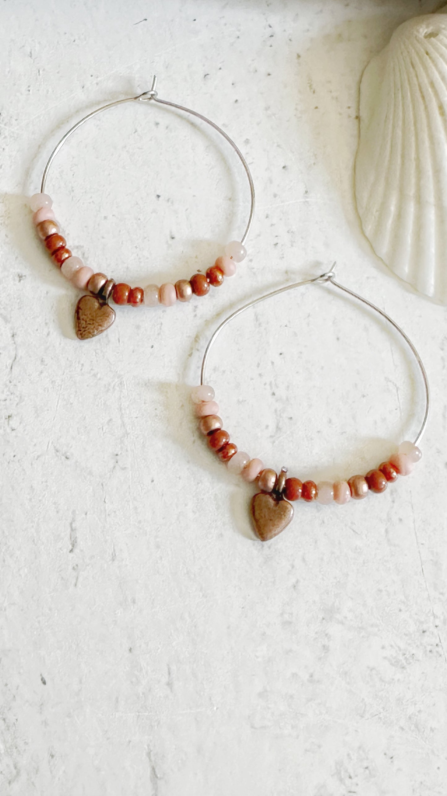 Beaded Pink Copper and Silver Hoop Earrings Boho Chic