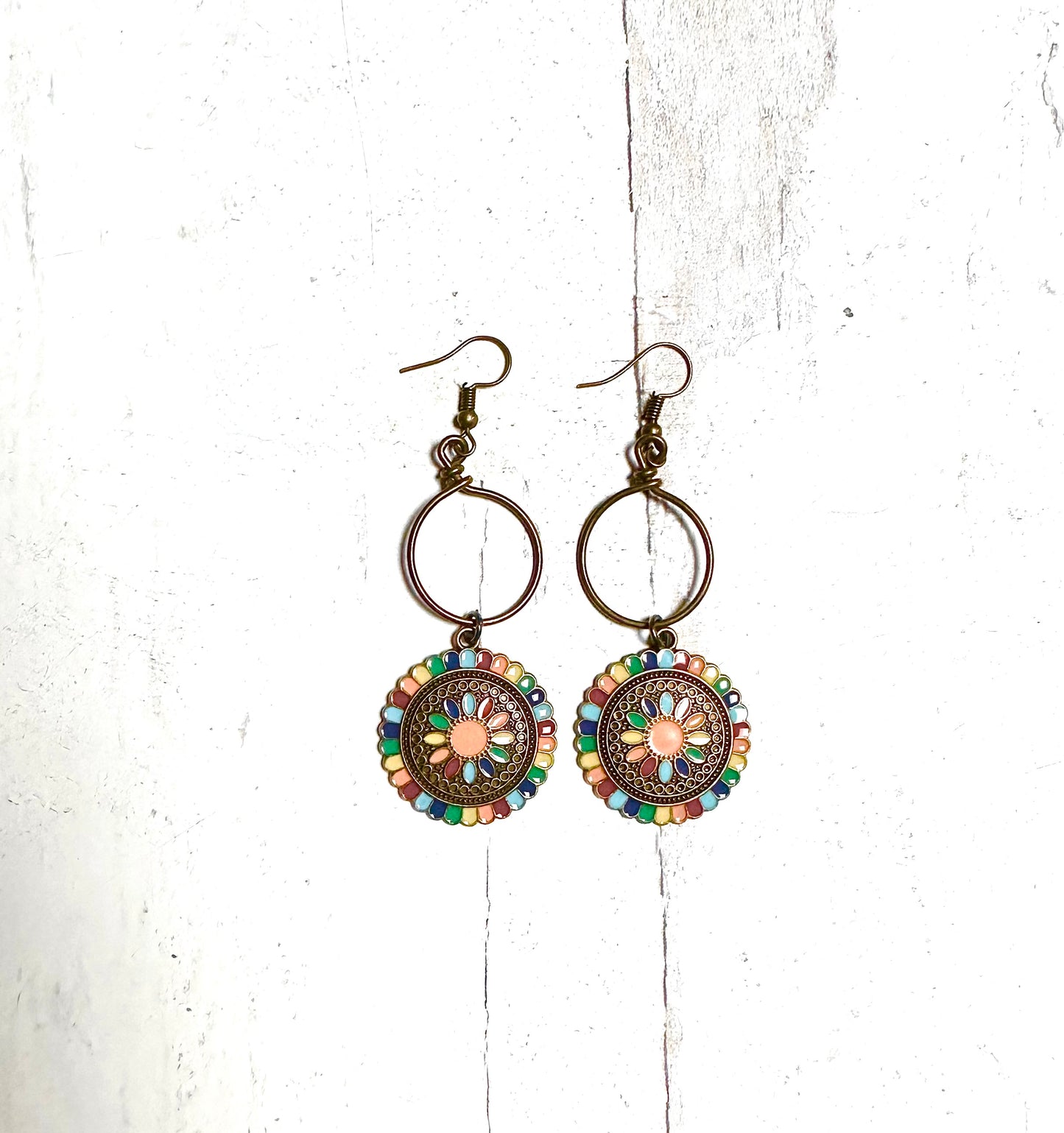 Bronze Hoops with Rainbow Mandala Charms