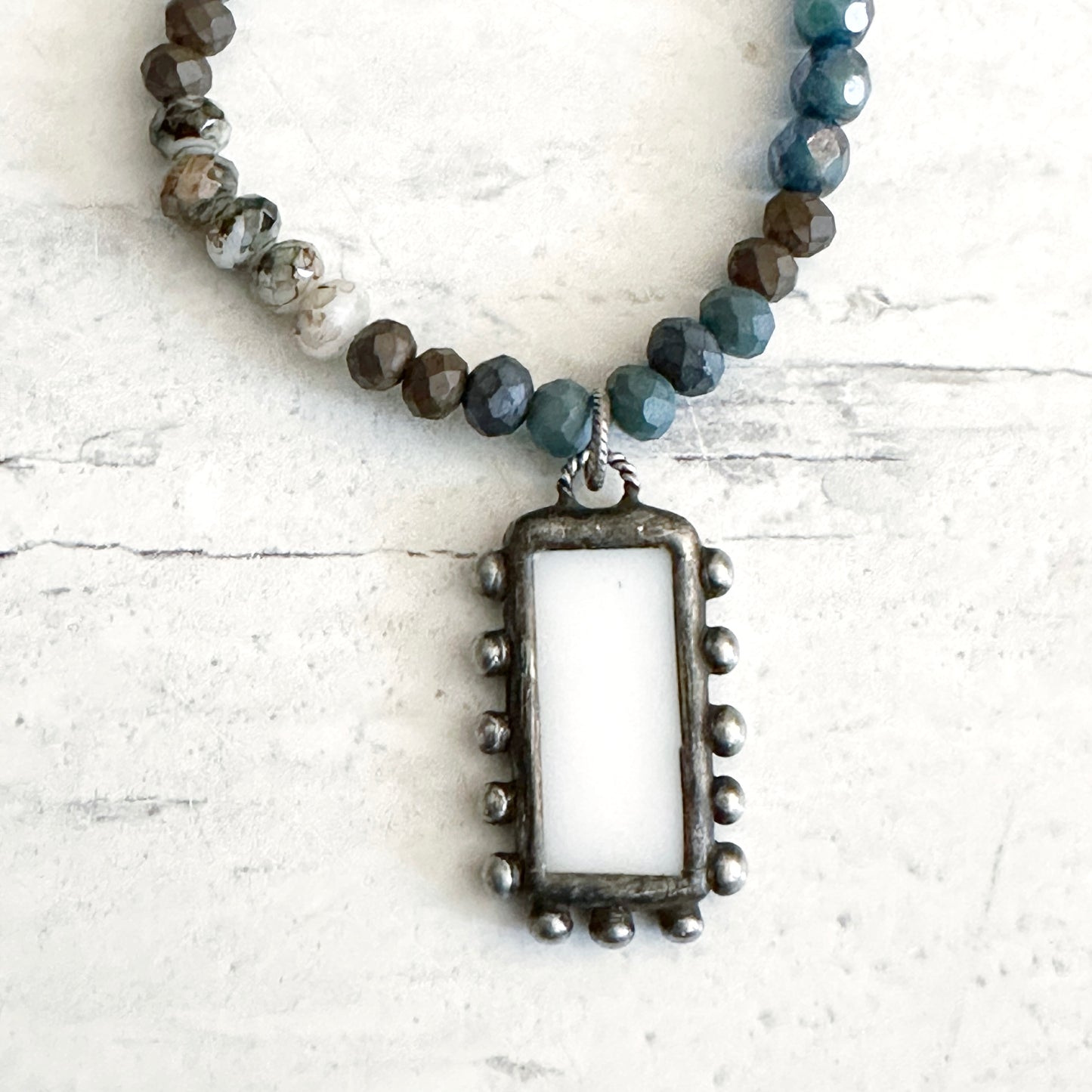 Beaded Boho Chic Artisan Necklace Czech Glass Neutral Blue Brown Ivory