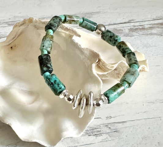 Boho African Turquoise and Silver Stretch Bracelet