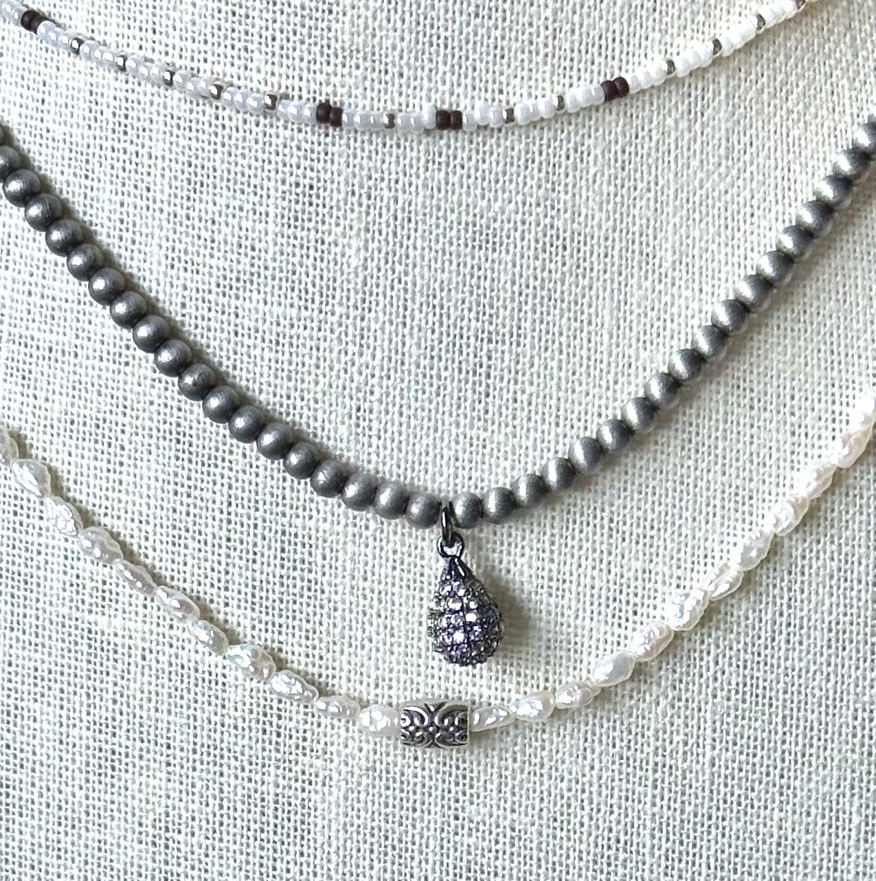 Boho Chic Mohave Beaded Necklace Dark Metal Pave Drop Charm