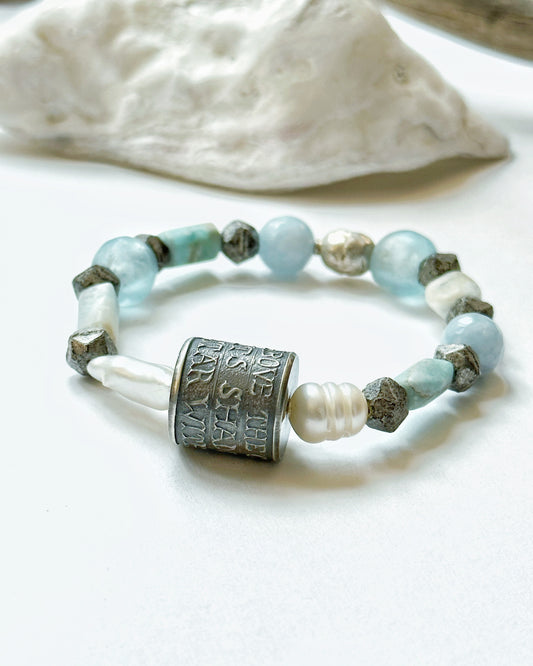 Beautiful Boho Beaded Jewelry Bracelet Anne Choi One of a Kind Handmade Pearl Gemstone Blue White