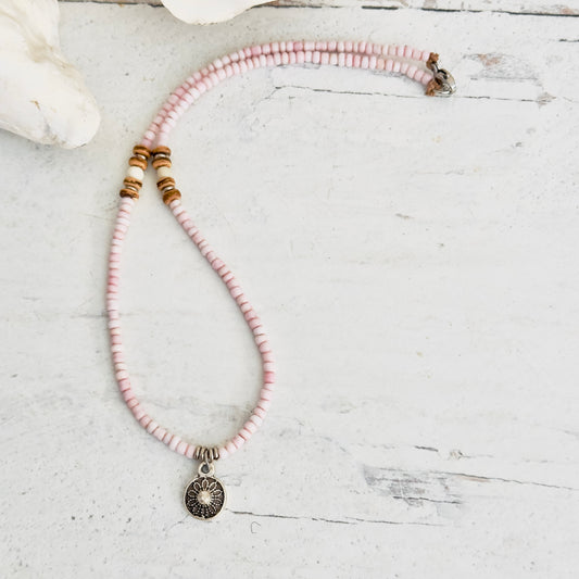 Beaded Boho Chic Beach Choker Pink Silver