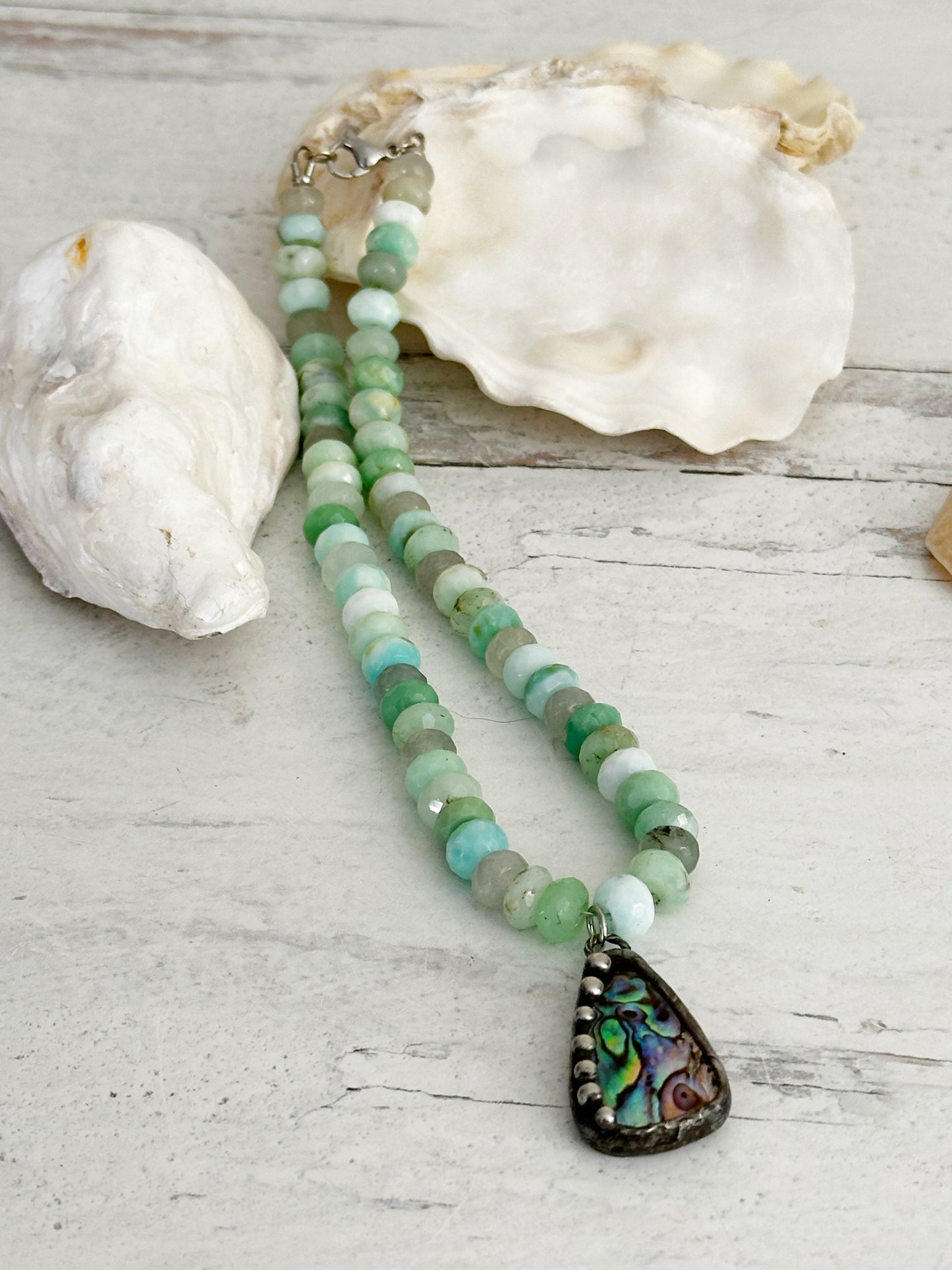 Boho Chic Gemstone Beaded Necklace with Artisan Abalone Pendant