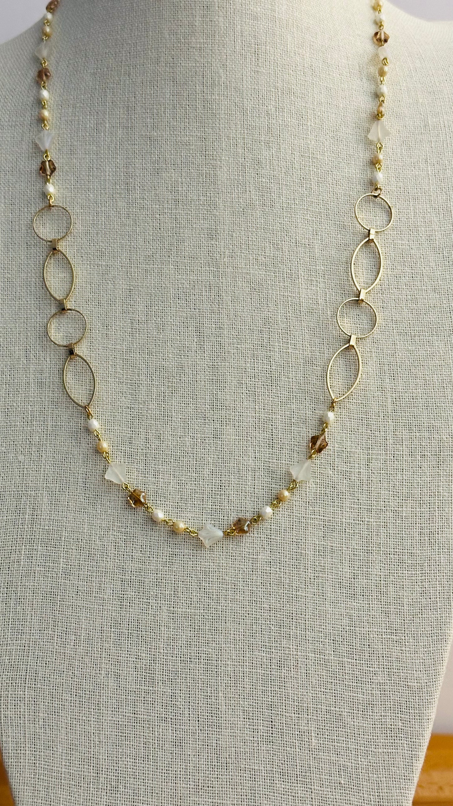 Whimsical Boho Chic Beaded Gold Chain Long Necklace One of a Kind