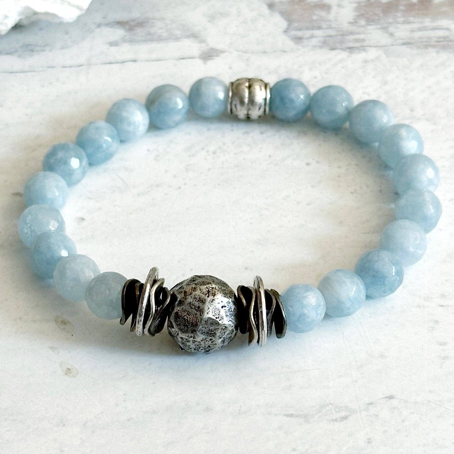 Beaded Aquamarine Edgy Boho Chic Artisan Metal Bead Bracelet