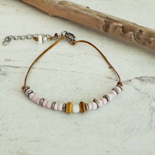 Beach Boho Beaded Bracelet Leather Pink White Brown