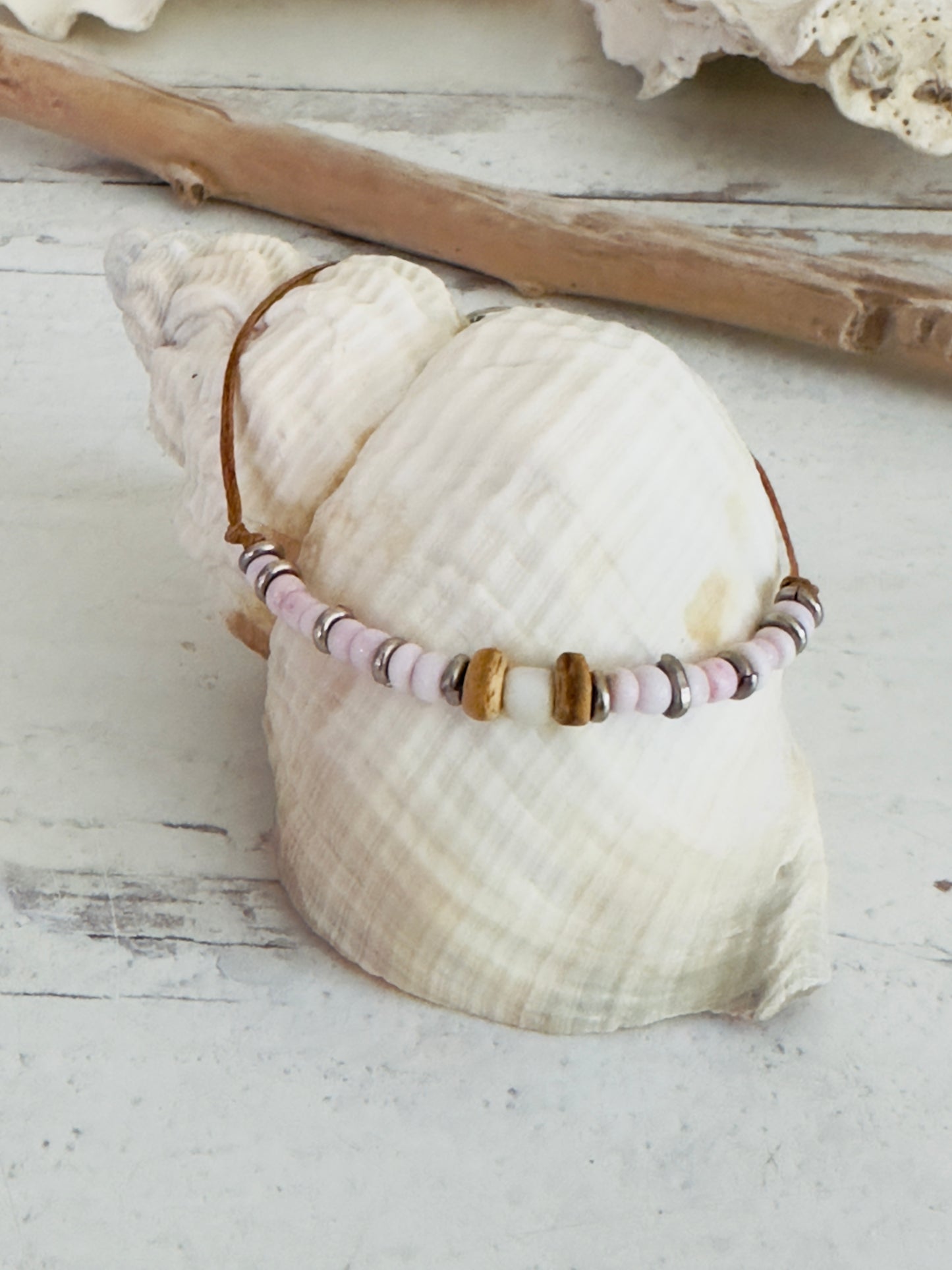 Beach Boho Beaded Bracelet Leather Pink White Brown