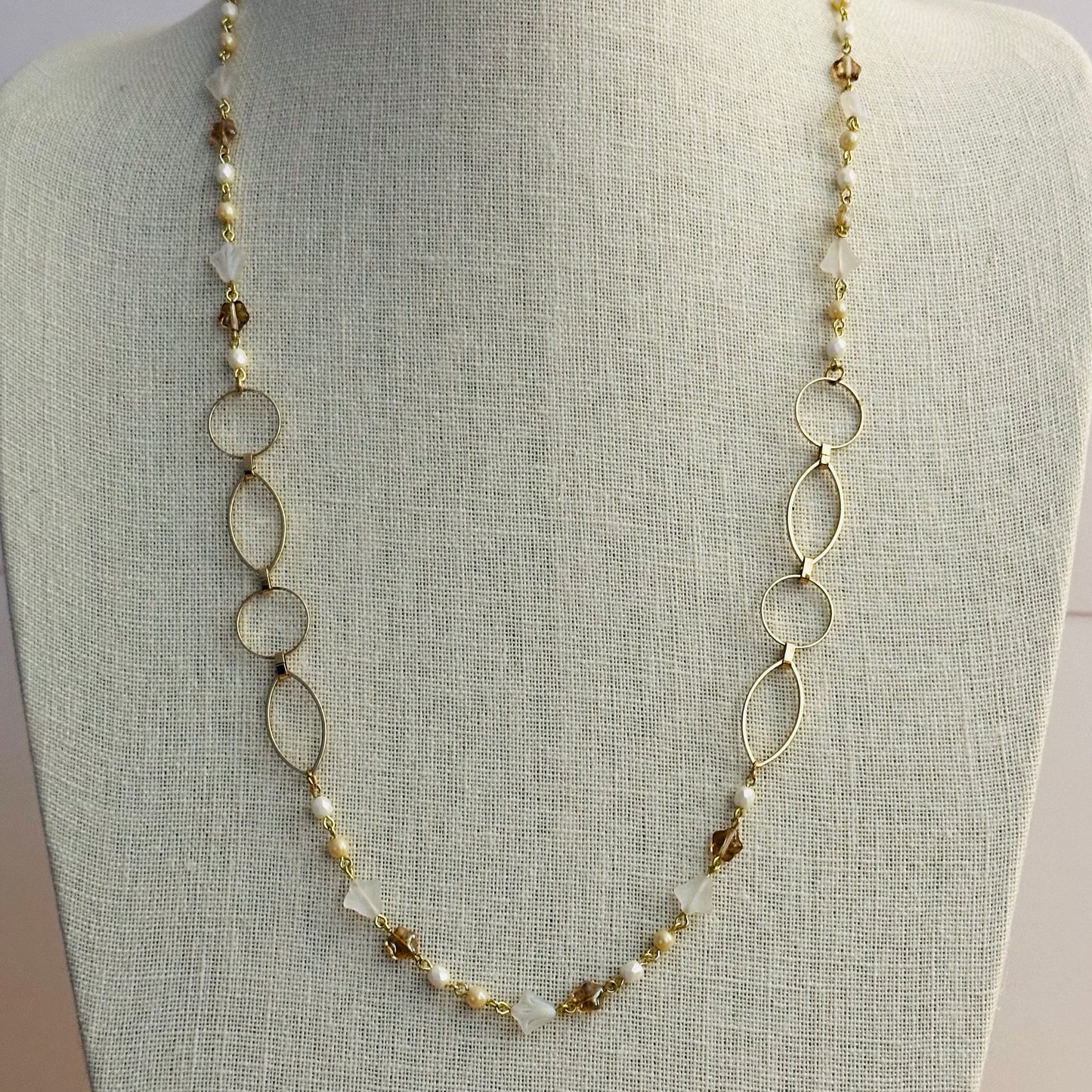 Whimsical Boho Chic Beaded Gold Chain Long Necklace One of a Kind