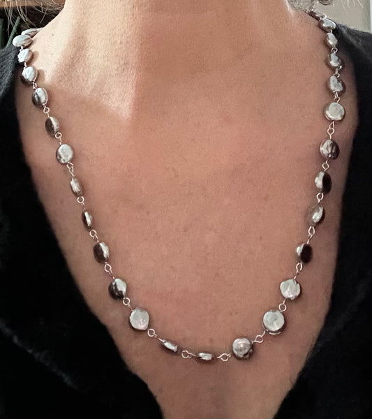 Boho Chic Silver Pearl Long Statement Necklace