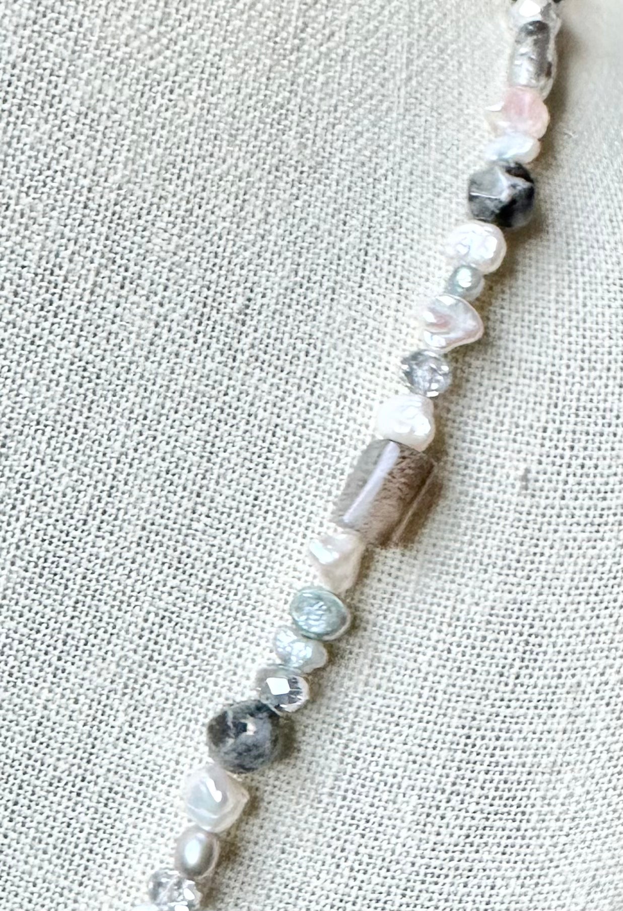 Boho Chic Silver Gray and White Pearl Necklace with Gemstones and Crystals