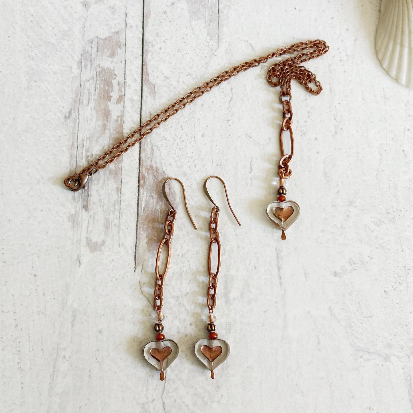 Czech Glass Heart and Copper Chain Earrings and Necklace