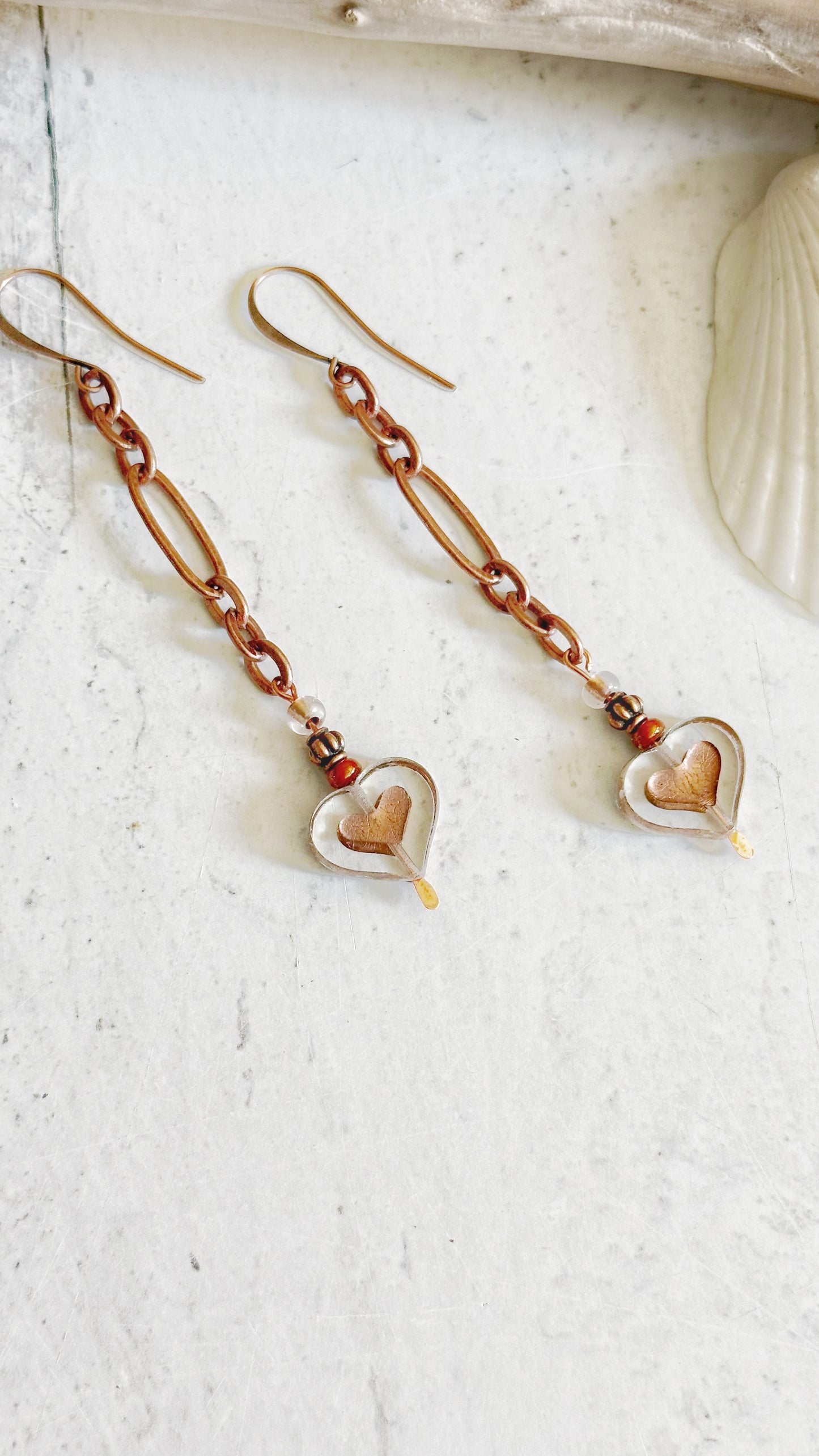 Czech Glass Heart and Copper Chain Earrings and Necklace