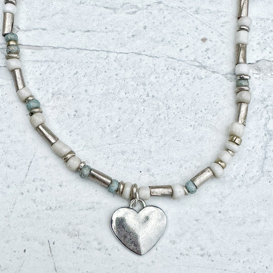 Beaded Boho Necklace Heart Sustainable Recycled Metal Glass White Silver Sea Green