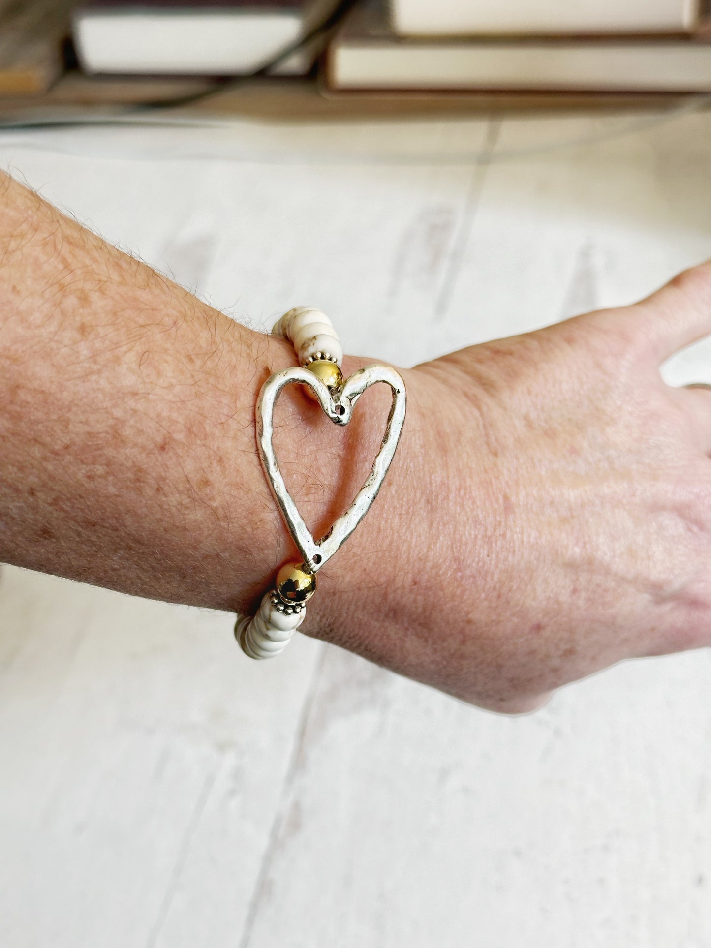 Beachy White Howlite Turquoise with Large Silver Artisan Heart and Gold Beads Boho Chic