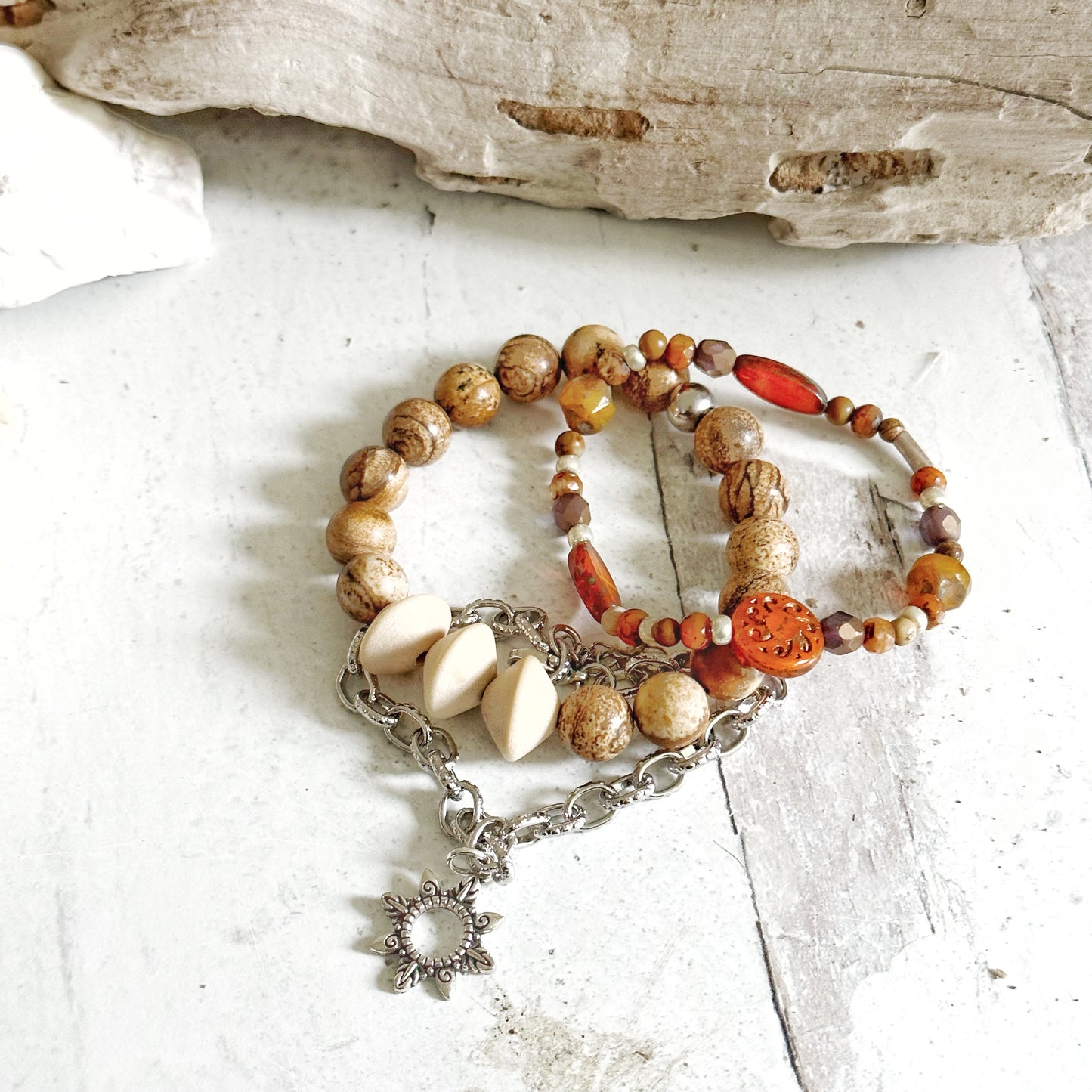 Beaded Boho Bracelet Natural Materials Gemstone Wood Unisex