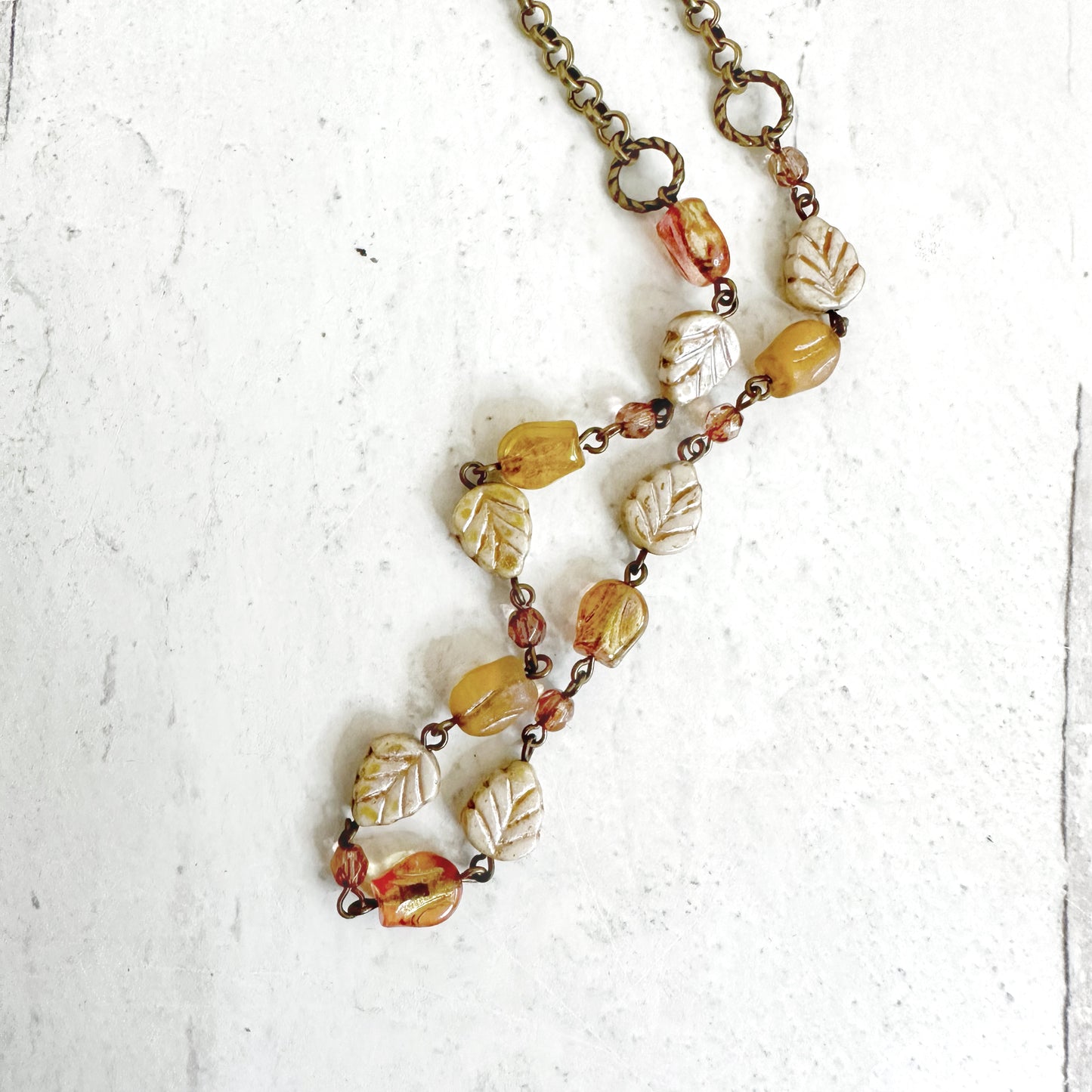 Beaded with Czech Glass Leaf and Flower Beads and Bronze Chain