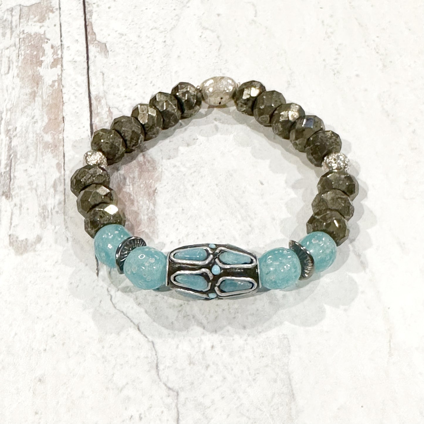 Jewelry Beaded Bracelet Pyrite Gemstone African Trade Recycled Glass and Silver Trade Tibetan Bead Blue Gray