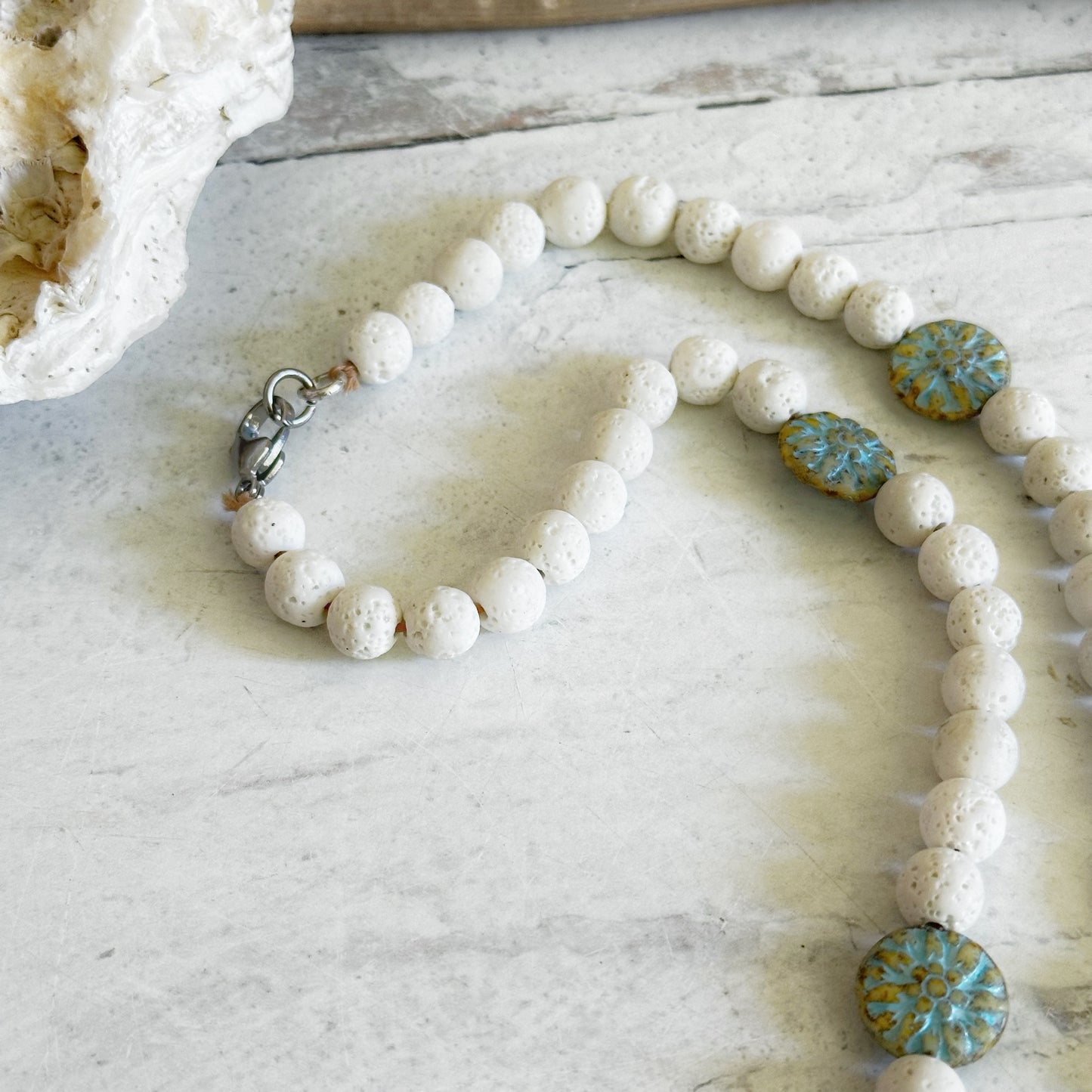 Boho Beach Beaded White Lave and Glass Necklace