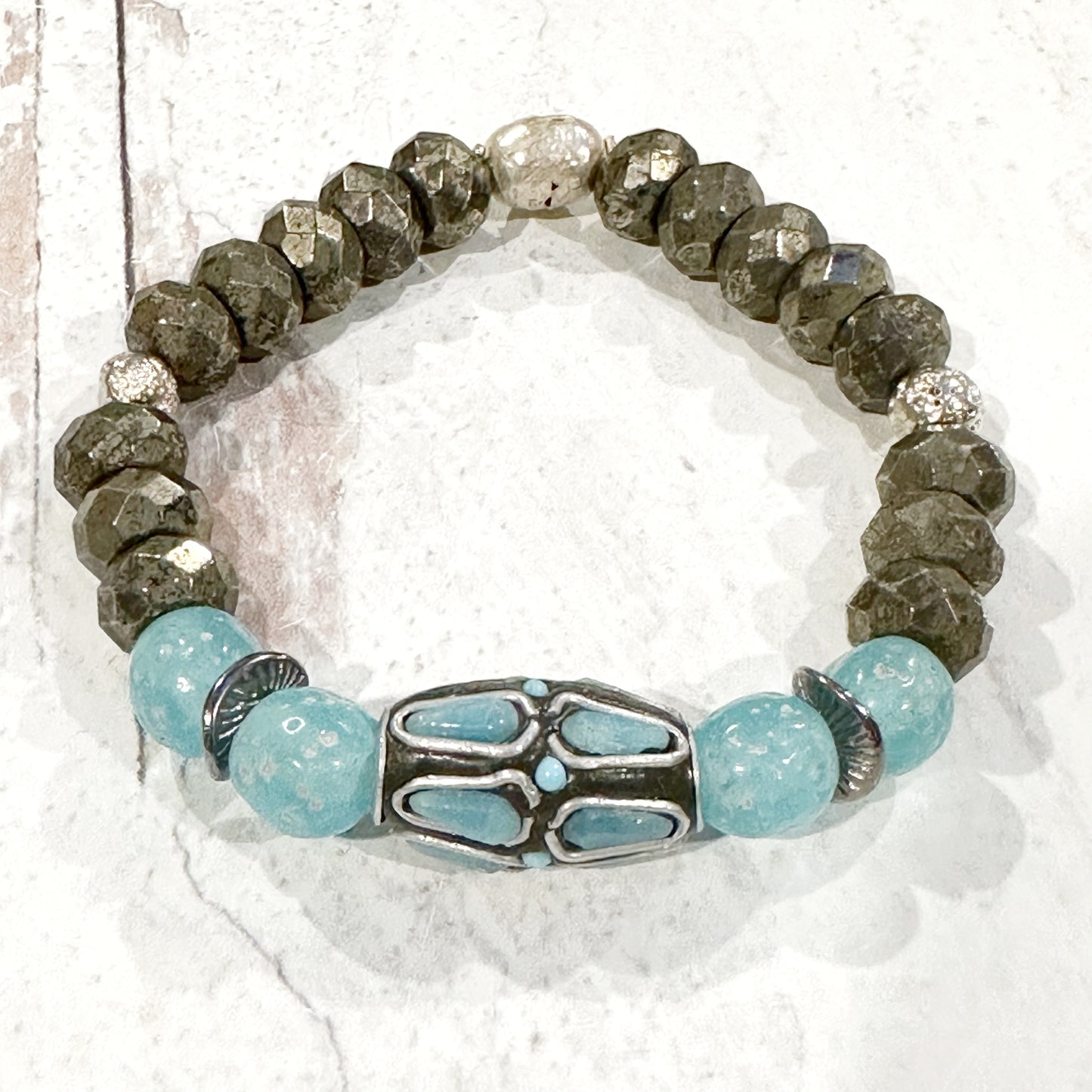 Jewelry Beaded Bracelet Pyrite Gemstone African Trade Recycled Glass and Silver Trade Tibetan Bead Blue Gray