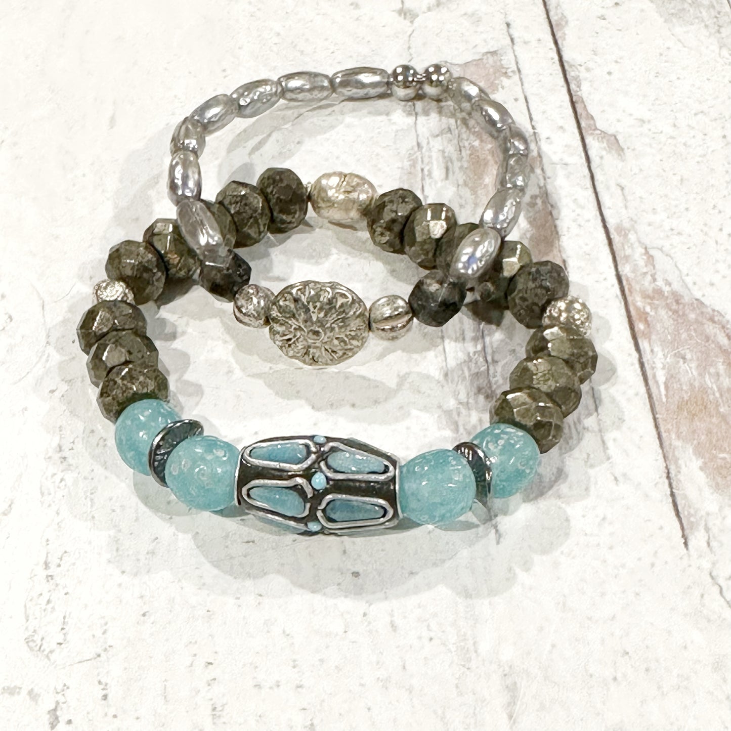 Jewelry Beaded Bracelet Pyrite Gemstone African Trade Recycled Glass and Silver Trade Tibetan Bead Blue Gray