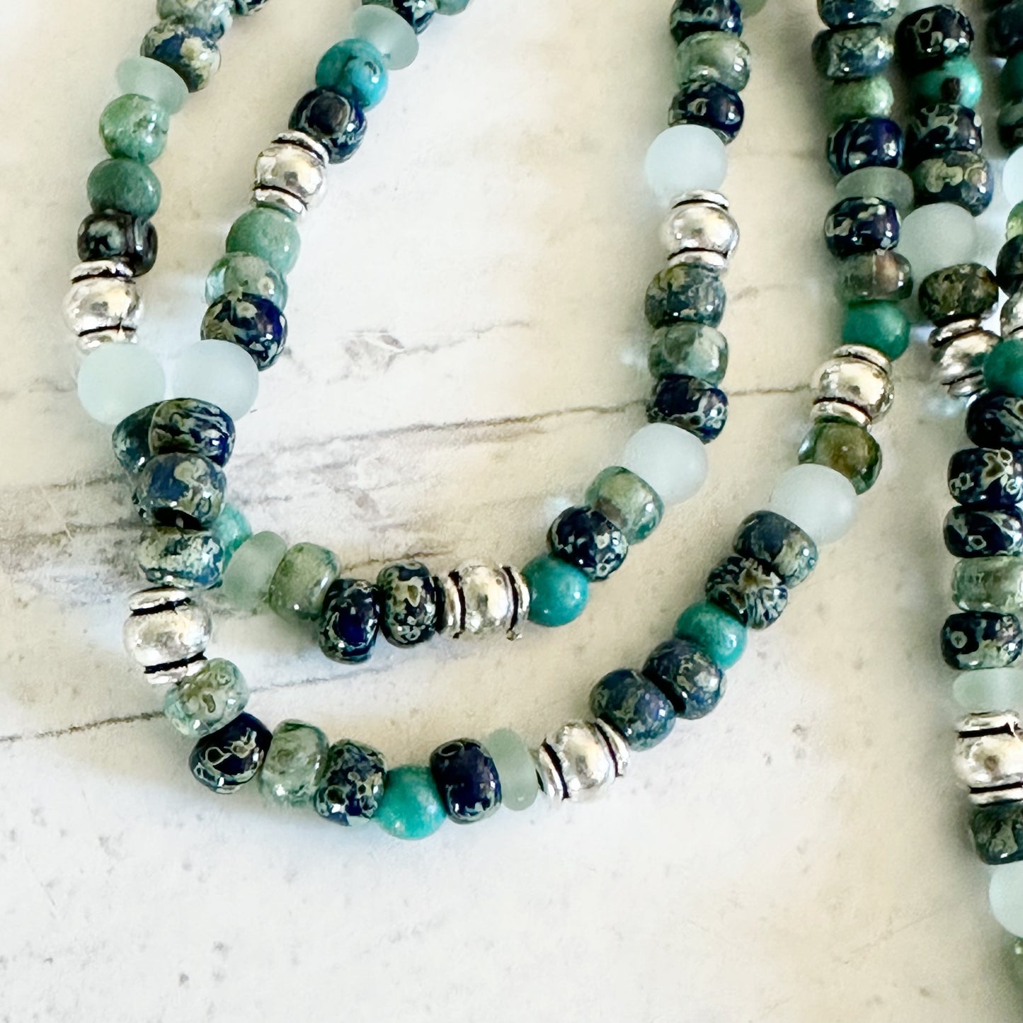 Necklace Real Hawaiian Sea Glass Beaded Boho Necklace Blues Greens Silver