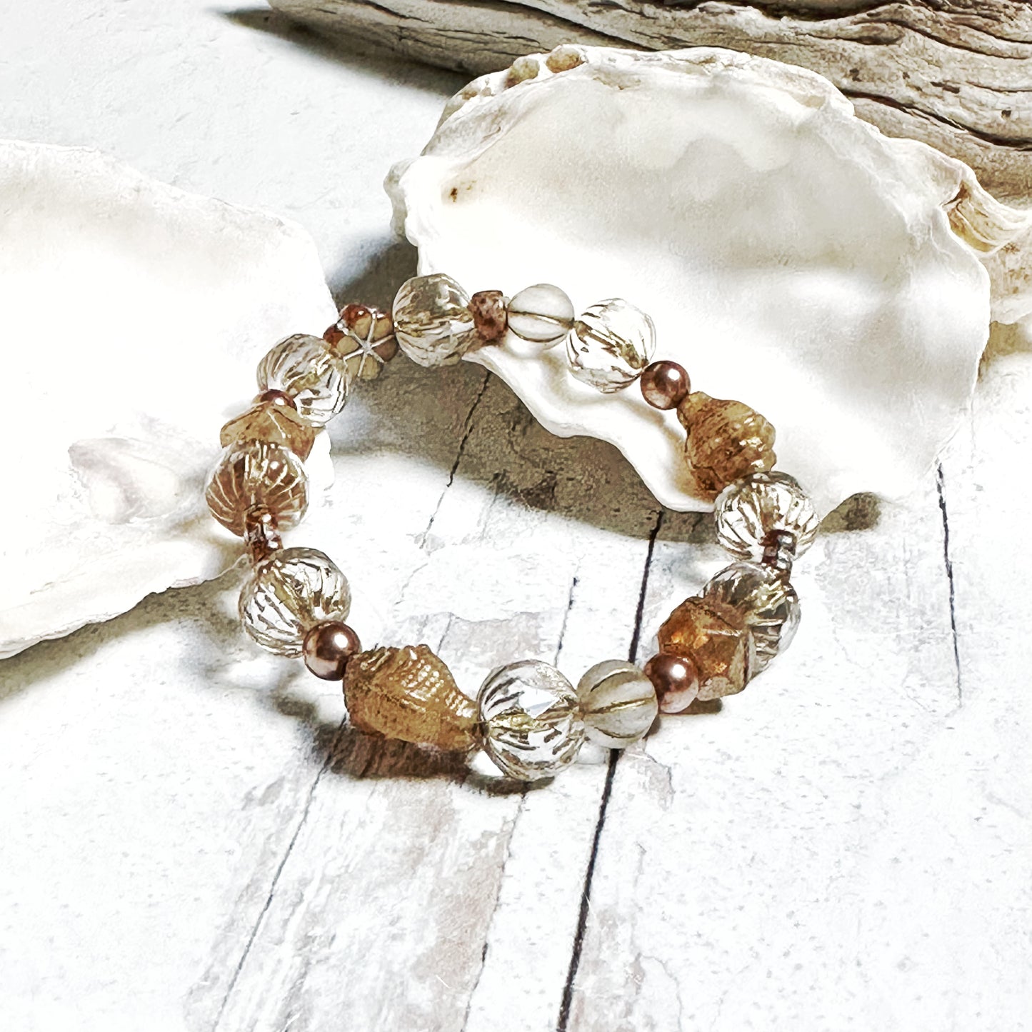 Sparkly Gold Clear Pearl Crystal Czech Glass Beaded Bracelet Christmas New Years Party Gift