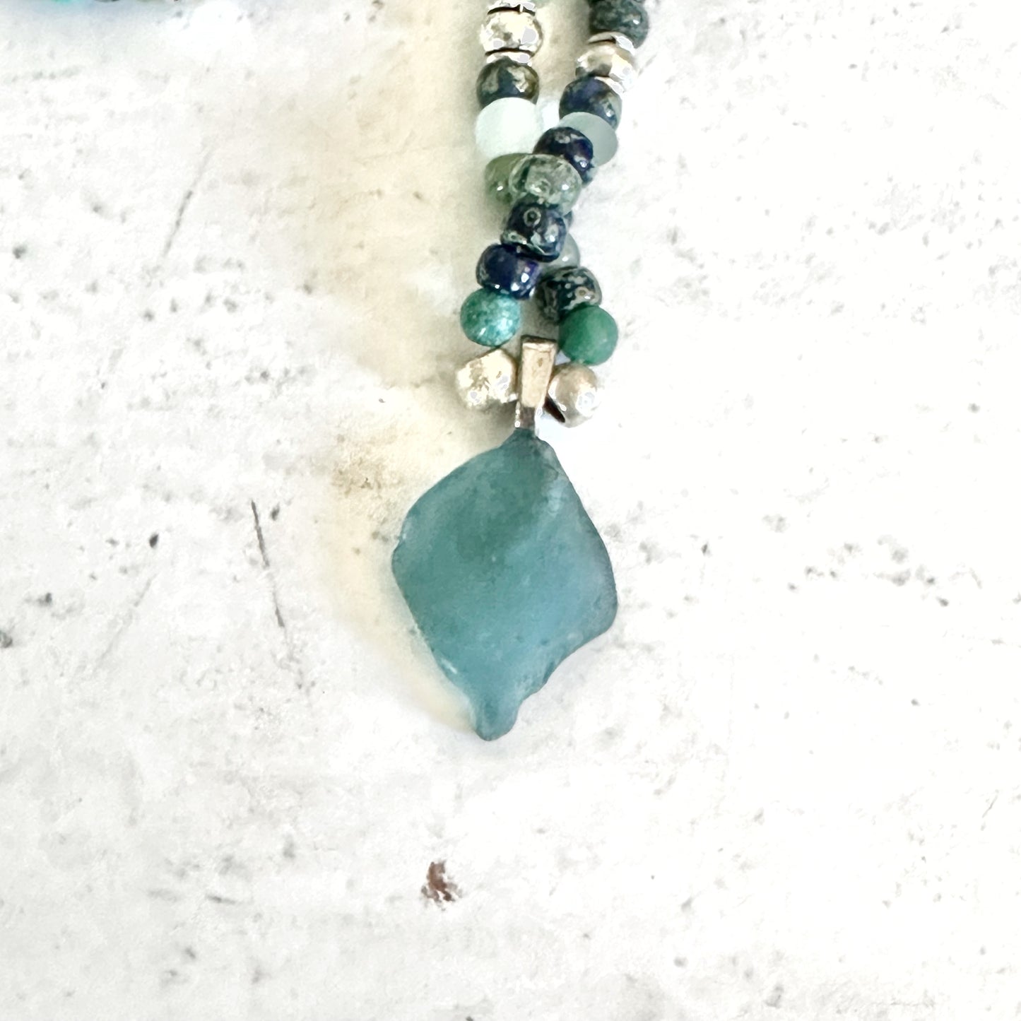 Necklace Real Hawaiian Sea Glass Beaded Boho Necklace Blues Greens Silver