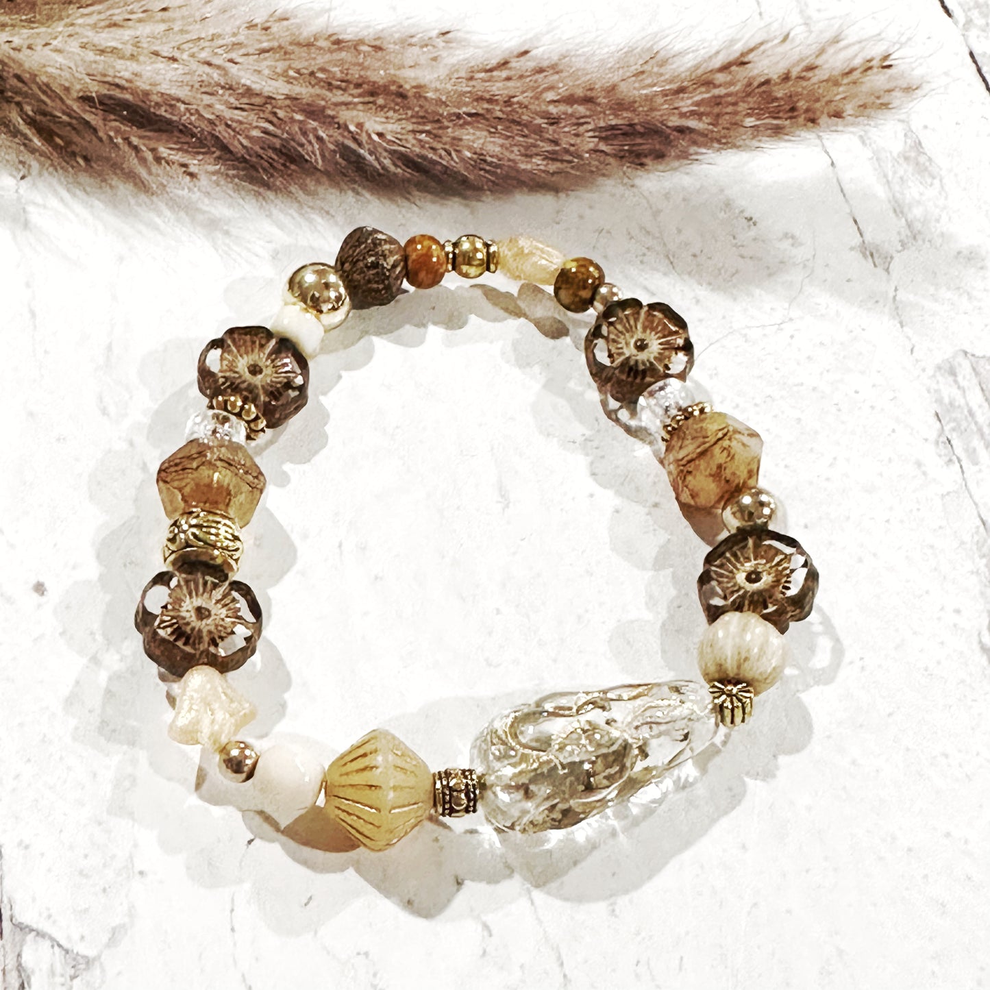 Whimsical Boho Chic One of a Kind Gold Brown Crystal Czech Glass Beaded Bracelet Gift Holidays Sparkle Shine